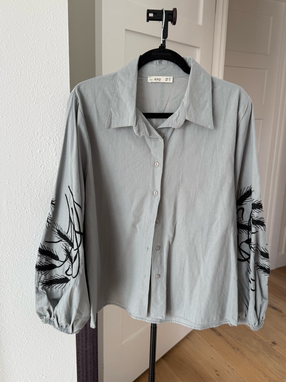Light Gray Button-Up Shirt with Black Sleeve Print